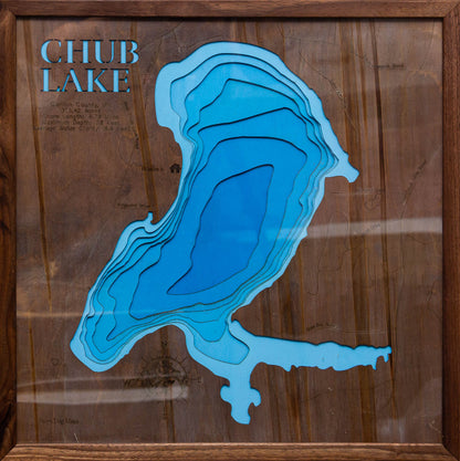 Chub Lake in Carlton County, MN in stunning 3D wood map design, with detailed topography.