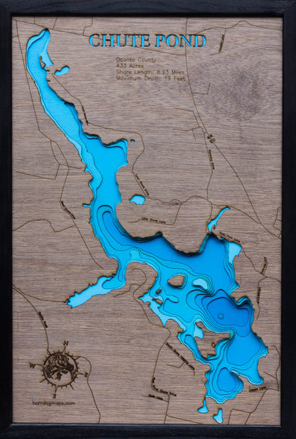 Exquisite wooden map of Chute Pond in Oconto County, WI with detailed lakebed features.