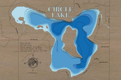 Artisanally carved wooden lake map of Circle Lake in Rice County, MN, highlighting bathymetry.