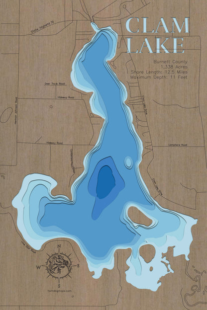 3D wooden lake map of Clam Lake in Burnett County, WI, showcasing detailed depth layers and contours.