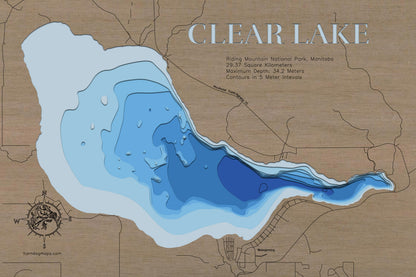 High-definition wooden relief map of Clear Lake in Manitoba, Canada, handmade for durability.