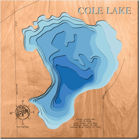 Cole Lake in Carlton County, MN engraved wood map, showcasing accurate topographical features.