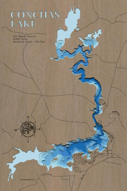 Decorative 3D wooden lake map of Conchas Lake in San Miguel County, MN, crafted with care.