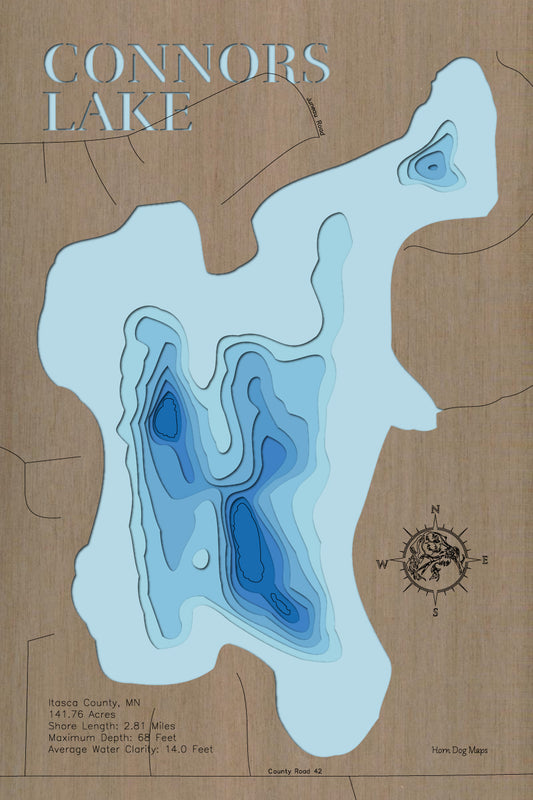 Artisanally carved wooden lake map of Connors Lake in Itasca County, MN, highlighting bathymetry.