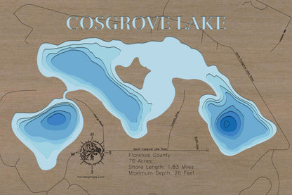 Exquisite wooden map of Cosgrove Lake in Florence County, WI with detailed lakebed features.