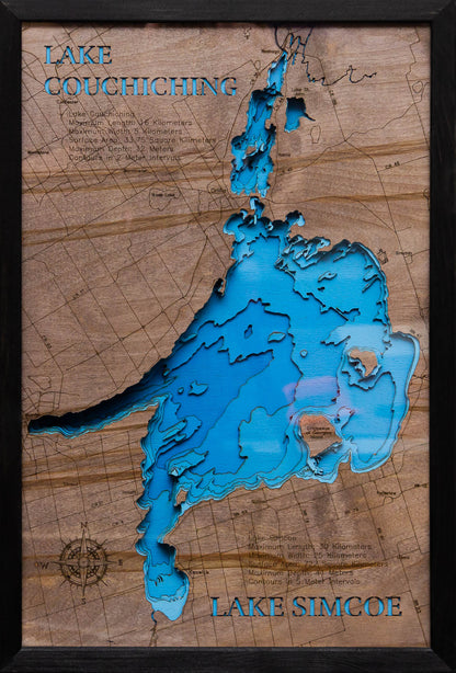 Decorative 3D wooden lake map of Lake Simcoe and Lake Couchiching in Ontario, Canada, crafted with care.