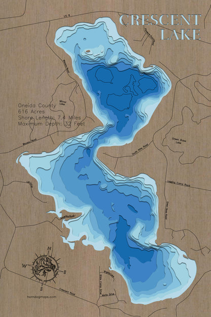 Custom wooden map of Crescent Lake in Oneida County, WI with layered depth highlights.