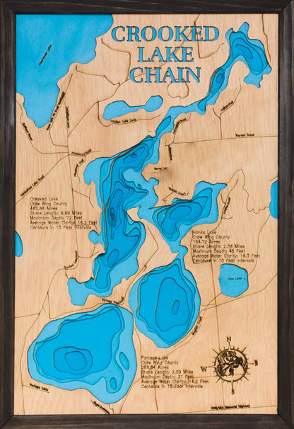 High-definition wooden relief map of 3d Depth Map of Crooked Lake Chain in Crow Wing County County, MN, handmade for durability.