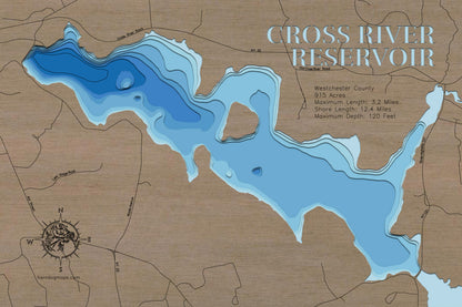 Custom wooden map of Cross River Reservoir in Westchester County, NY with layered depth highlights.