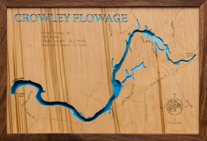 Detailed wooden relief map of Crowley Flowage in Price County, WI, showcasing its natural beauty.