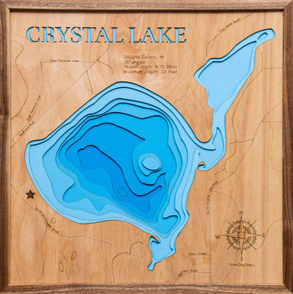 Exquisite wooden map of Crystal Lake in Douglas County, WI with detailed lakebed features.