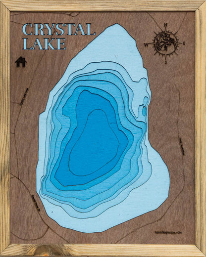 3D wooden lake map of 3d Lake Map of Crystal Lake in Albany County, NY, showcasing detailed depth layers and contours.