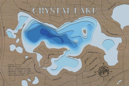 Crystal Lake in Dakota County, MN in stunning 3D wood map design, with detailed topography.