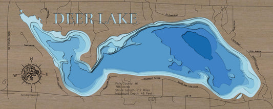 Deer Lake in Polk County, WI 3D depth map, laser cut from high-quality wood.
