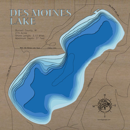 Artisanally carved wooden lake map of Des Moines Lake in Barron County, WI, highlighting bathymetry.
