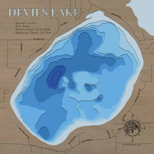 Laser-engraved relief map of Devils Lake in Burnett County, WI, crafted from wood with high precision.