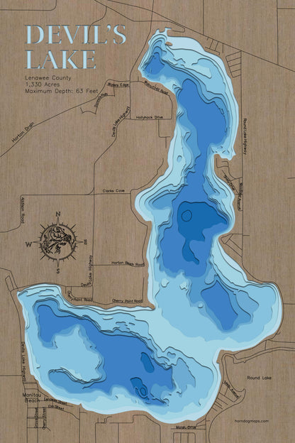 Artisanally carved wooden lake map of Devils Lake in Lewanee County, MI, highlighting bathymetry.