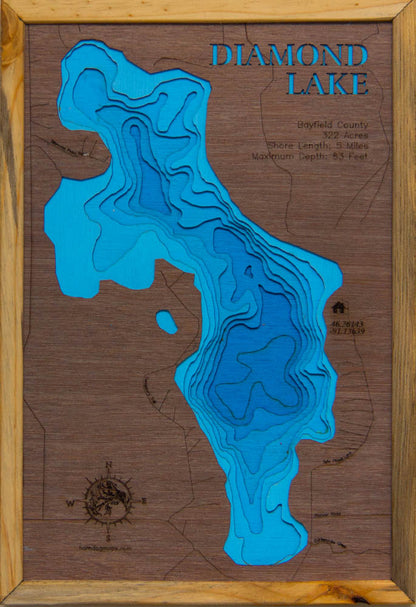 Custom wooden map of Diamond Lake in Bayfield County, WI with layered depth highlights.