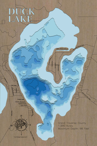 Duck Lake Grand Traverse County, MI 3D depth map, laser cut from high-quality wood.