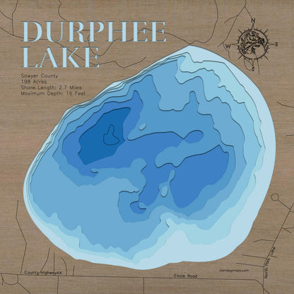 Precision-cut wooden map of Durphee Lake in Sawyer County, WI, perfect for unique decor.