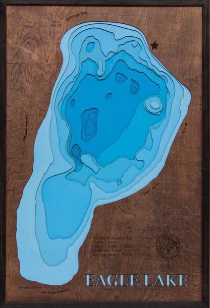 Custom wooden map of Eagle Lake in Kandiyohi County, MN with layered depth highlights.