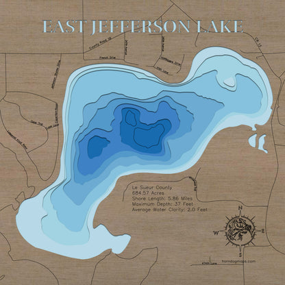 East Jefferson Lake in Le Sueur County, MN in stunning 3D wood map design, with detailed topography.