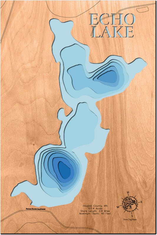 Custom wooden map of Echo Lake in Douglas County, MN with layered depth highlights.