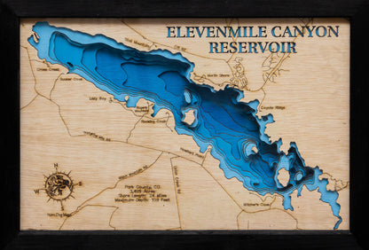 Decorative 3D wooden lake map of Elevenmile Canyon Reservoir in Park County, CO, crafted with care.