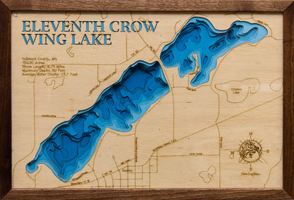 Custom wooden map of Eleventh Crow Wing Lake in Hubbard County, MN with layered depth highlights.