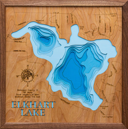 Elkhart Lake in Sheboygan County, WI engraved wood map, showcasing accurate topographical features.