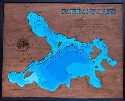 Handcrafted 3D wood map of 3d Lake Map of Fairbank Lake in Ontario, Canada, ideal for lake enthusiasts.