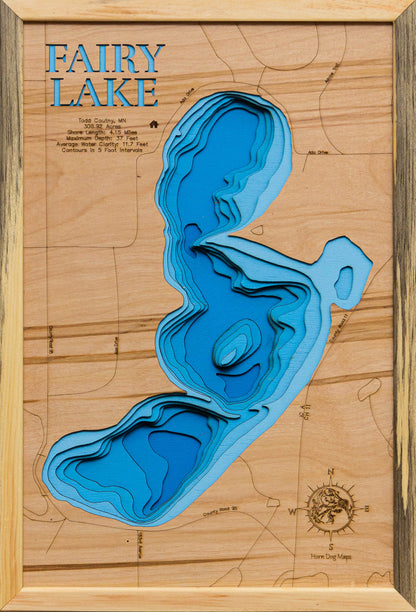 Exquisite wooden map of Fairy Lake Todd in County, MN with detailed lakebed features.