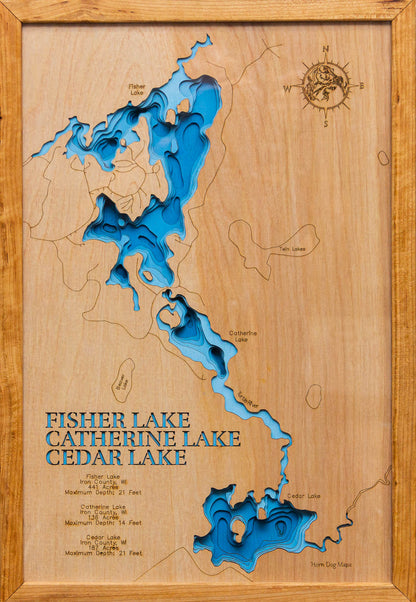 Artisanally carved wooden lake map of Fisher, Catherine, and Cedar (Iron)Fisher, Catherine, and Cedar Lakes in Iron County, WI, highlighting bathymetry.