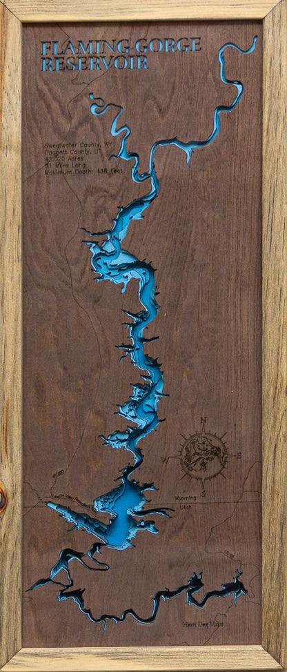 Flaming Gorge Reservoir in Sweetwater County, WY and Daggett County, UT engraved wood map, showcasing accurate topographical features.