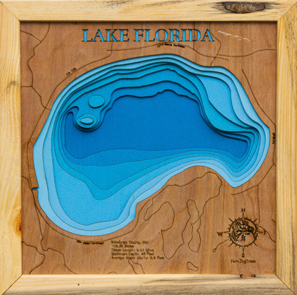 Handcrafted 3D wood map of Lake Florida in Kandiyohi County, MN, ideal for lake enthusiasts.