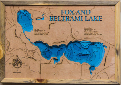 Custom wooden map of Fox and Beltrami Lakes in Beltrami County, MN with layered depth highlights.