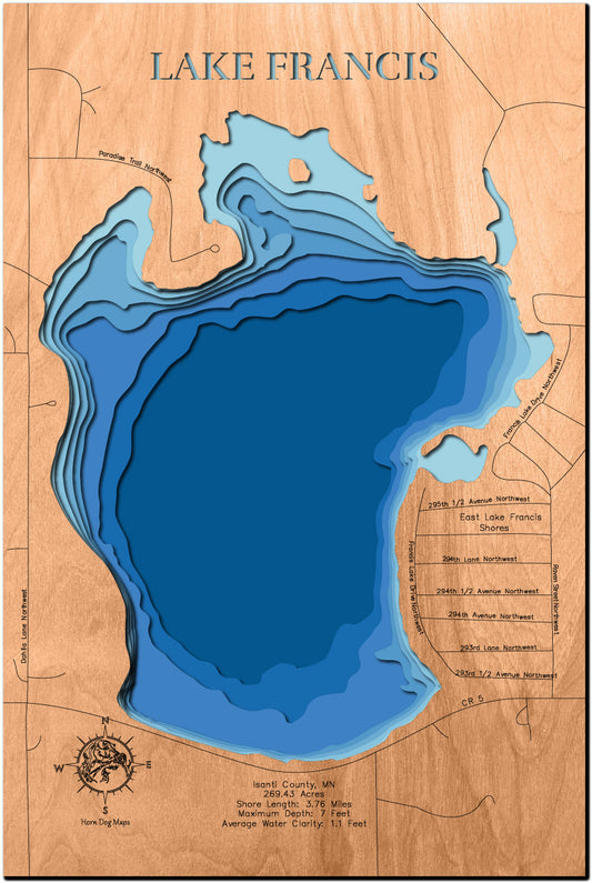 Artisanally carved wooden lake map of Francis Lake in Isanti County, MN, highlighting bathymetry.