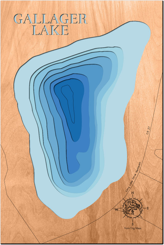 Gallager Lake in Beltrami County, MN 3D depth map, laser cut from high-quality wood.