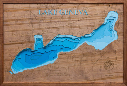 Handcrafted 3D wood map of Lake Geneva in Walworth County, WI, ideal for lake enthusiasts.