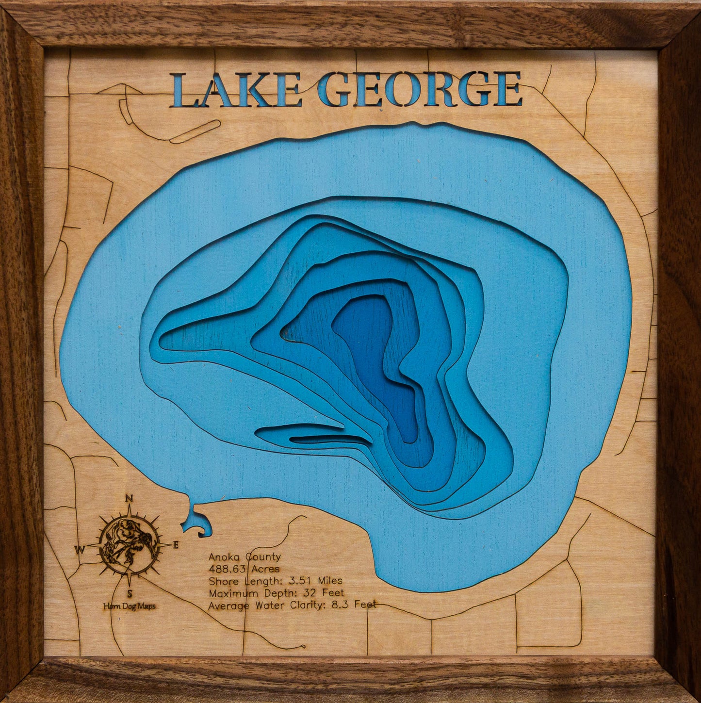 Unique wooden lake map of Lake George in Anoka County, MN, featuring intricate depth details.