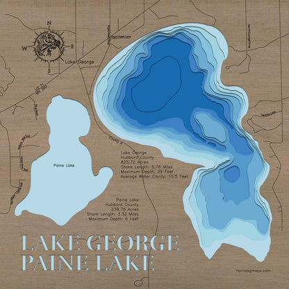 High-definition wooden relief map of George and Paine Lakes in Hubbard County, MN, handmade for durability.