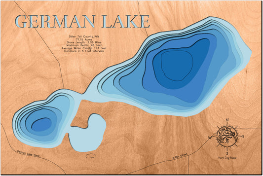 Handcrafted 3D wood map of German Lake in Otter Tail County, MN, ideal for lake enthusiasts.