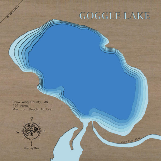 Goggle Lake in Crow Wing County,  MN in stunning 3D wood map design, with detailed topography.