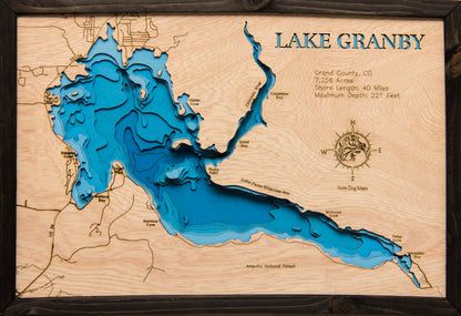 Lake Granby in Grand County, CO 3D depth map, laser cut from high-quality wood.