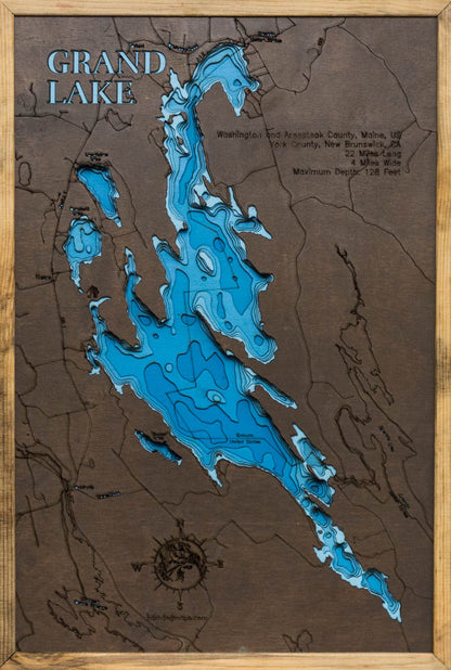 Grand Lake in Maine and New Brunswick custom 3D wood map, perfect for home decor and gifts.