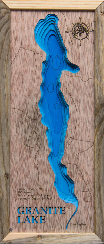 Handcrafted 3D wood map of Granite Lake in Barron County, WI, ideal for lake enthusiasts.