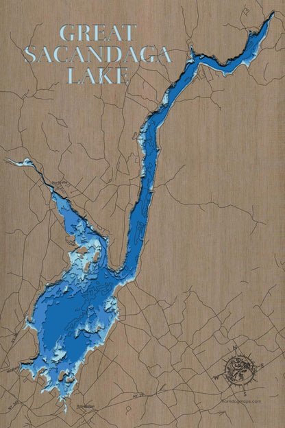 Great Sacandaga Lake in New York custom 3D wood map, perfect for home decor and gifts.