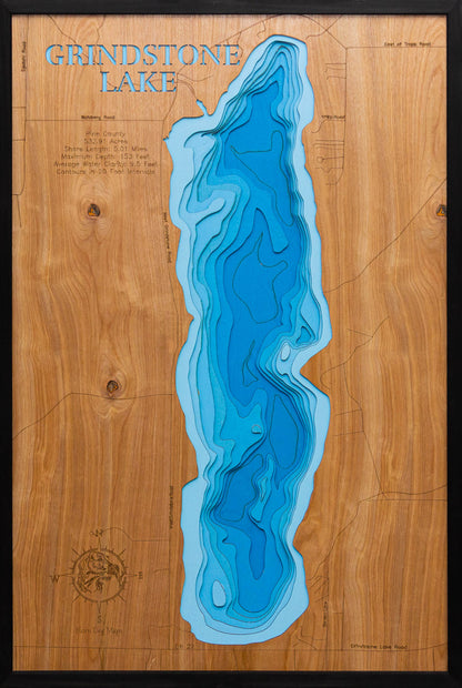 Laser-engraved relief map of 3D Lake Map of Grindstone Lake in Pine County, MN, crafted from wood with high precision.