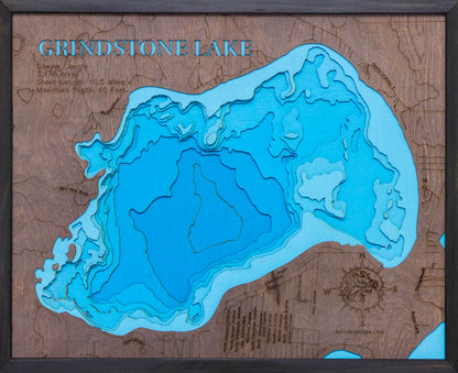 3d Depth Map of Grindstone Lake in Sawyer County, WI custom 3D wood map, perfect for home decor and gifts.