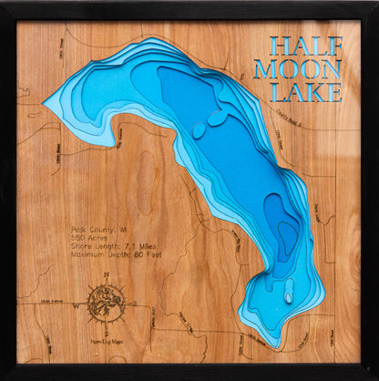 Half Moon Lake in Polk County, WI in stunning 3D wood map design, with detailed topography.